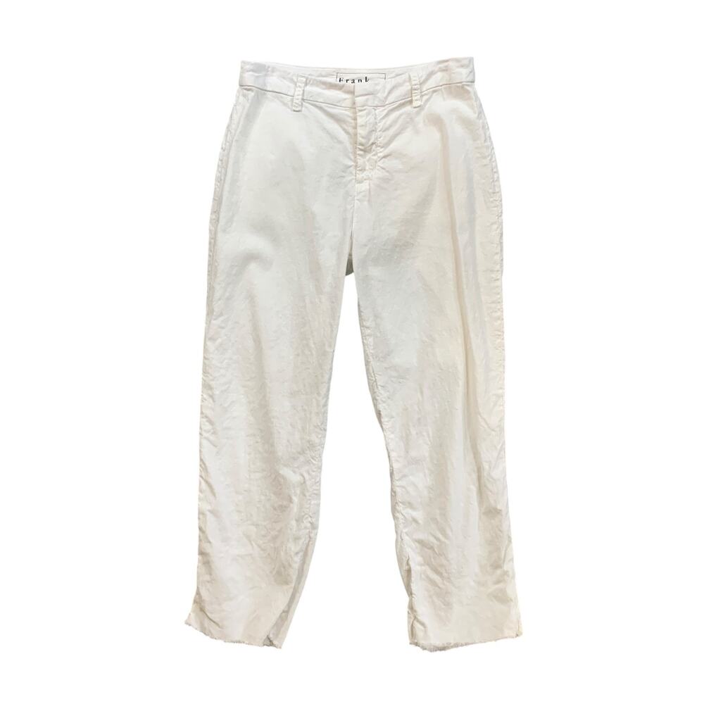 Frank & Eileen Pants Womens 8 White Kinsale Cotton Flax Blend Cropped Raw Hem